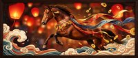 Majestic brown horse galloping through stylized clouds with red lanterns and golden coins, celebrating Chinese New Year prosperity and fortune.