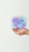Hands holding a glowing neon gut icon with purple and blue light, symbolizing digestive health, gut microbiome care, and gastroenterology concepts.