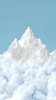 Majestic snow-covered mountain peak rising above fluffy white clouds against serene light blue sky, creating peaceful minimalist landscape composition.