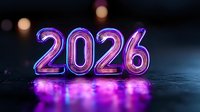 Glowing neon 2026 numbers with purple and pink lighting effects on dark reflective surface for New Year celebration and future concept design.