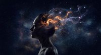 Surreal portrait of woman with cosmic nebula flowing from head against starry space background. Conceptual art representing imagination, creativity and consciousness.
