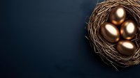 Golden eggs nestled in natural twigs nest against dark background, symbolizing wealth, investment and financial security concept for business design.