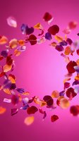 Colorful flower petals floating and falling against vibrant pink gradient background creating romantic dreamy atmosphere for wedding celebration design.