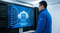 Asian male IT specialist analyzing AI brain processor display in modern data center server room for technology development.