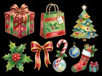 Watercolor Christmas clipart set isolated on transparent background, featuring gift boxes, tree, stocking, candy cane, bow, holly, and ornament for print on demand.