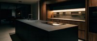 Modern luxury kitchen with dark cabinetry, minimalist island, and warm ambient lighting for contemporary home design projects.