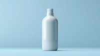 White plastic bottle on light blue background, minimalist product photography for cosmetic, beverage or pharmaceutical packaging mockup design.