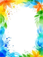 Vibrant watercolor floral frame with rainbow leaves and paint splatters on white background for spring summer designs and creative projects.