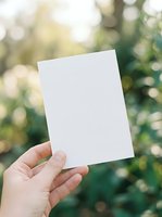 Hand holding blank white paper card outdoors with green bokeh background for mockup design templates and promotional materials.