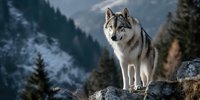 Majestic gray wolf standing on rocky outcrop in winter mountain landscape with snow-covered forest in background.
