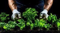 Gardener in protective gloves planting fresh green seedlings in dark soil against black background, dramatic lighting highlights young plants.