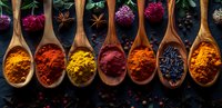 Colorful aromatic spices in wooden spoons arranged in row on dark background with dried flowers and star anise, perfect for cooking, food blog or restaurant menu design.