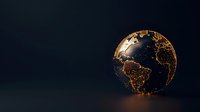 Glowing golden Earth globe showing city lights of Americas and Europe against dark background, illuminated world map sphere floating in space.