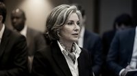 Professional mature businesswoman with short blonde hair in corporate meeting environment with colleagues discussing strategy and leadership decisions.