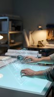 Engineer or architect with light skin tone working with holographic digital interface on touchscreen table in modern office workspace at night.