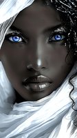 Striking artistic portrait featuring intense blue eyes and dark skin contrasted with flowing white fabric, perfect for beauty, fashion, or cosmetic advertising campaigns and editorial use.