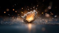 Dramatic explosion with glowing sparks and debris against dark background, creating intense light burst and reflection on wet surface. Cinematic special effect.