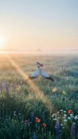 Two seagulls touching beaks in romantic gesture on wildflower meadow during golden hour sunrise with warm sunbeams and morning mist over peaceful countryside landscape.