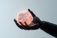 Robotic hand holding glowing red energy sphere with network connections against light background, representing artificial intelligence and future technology.