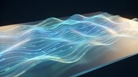 Glowing digital wave landscape with flowing blue and green light lines on dark background, futuristic data visualization concept.