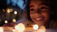 Young girl with dark hair and warm smile, appearing to be of mixed ethnicity, gazing at camera with joy and wonder during evening celebration with bokeh lights in background. Suitable for holiday campaigns, family content, joy and happiness themes.