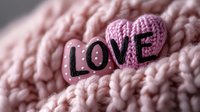 Pink knitted heart with black LOVE text on soft textured wool background, romantic close-up macro photography for Valentine's day cards and romantic designs.