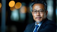 Middle-aged Asian male professional wearing business suit and glasses, confident corporate portrait with blurred office background for business and corporate use.