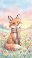 Cute fox wearing knitted scarf sitting in flower meadow with pastel sky watercolor illustration for children books and nursery decor.