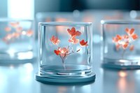 Delicate coral flowers frozen in transparent glass cylinder on blue background with soft bokeh effect, creating dreamy romantic atmosphere.