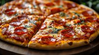 Fresh pepperoni pizza with melted cheese and herbs on dark wooden background, close up view showing crispy crust and glistening toppings in warm lighting.