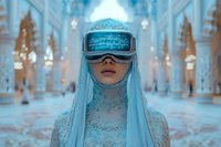 Futuristic woman in ornate blue attire wearing virtual reality headset inside elegant palace interior with glowing architectural elements.