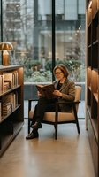 Professional middle-aged Caucasian woman with glasses reading book in modern library with wooden shelves and large windows for business education content.