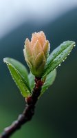 Delicate peach-colored spring bud with morning dew drops on green leaves against blurred natural background, macro photography showing nature awakening.