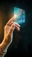 Woman's hand holding glowing transparent tablet with financial charts and data dashboard, futuristic technology concept for business and investment.