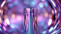 Metallic cylinder container on blurred purple and blue bokeh background with radial motion effect creates futuristic mood for product presentation.