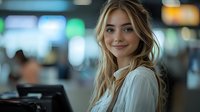 Young blonde Caucasian woman smiling at camera in modern office or coworking space with colorful bokeh lights background for business and professional concepts.
