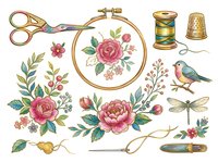 Vintage embroidery set with roses, bird, dragonfly, scissors, hoop, thimble, and thread. Isolated sewing clipart elements on white background.