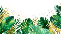 Watercolor tropical leaves with gold accents on white background, creating elegant border for wedding invitations, greeting cards, and digital designs.