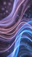 Flowing neon light waves in purple and blue tones create a dynamic abstract background with glowing energy lines and bokeh particles.
