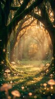 Enchanted forest pathway with glowing lights and mushrooms creating mystical atmosphere for fantasy storytelling and magical nature backgrounds.