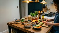 Woman preparing healthy meal with fresh vegetables and ingredients on wooden kitchen counter under warm pendant lighting.