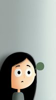 Cartoon style Asian female character with worried expression and long black hair looking up at green dot against light background. Suitable for children's books.
