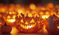 Carved jack-o-lantern pumpkin glowing with warm orange light surrounded by bokeh lights and autumn decorations, perfect for seasonal marketing and holiday designs.