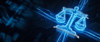 Glowing blue digital scales of justice with circuit board patterns and light streaks on dark background for legal technology and cyber law concepts.