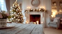 Cozy Christmas living room with decorated tree, fireplace, and rustic wooden table in foreground, creating warm holiday atmosphere.