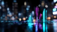 Vibrant neon cityscape with glowing turquoise and purple skyscrapers reflecting on water surface against blurred bokeh lights background, futuristic urban scene.