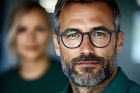 Confident mature Caucasian businessman with gray beard wearing glasses and green sweater, close-up portrait with blurred female colleague in background.