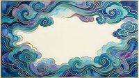 Decorative swirling cloud border frame in blue and purple watercolor style with empty center space for text or design elements on light background.