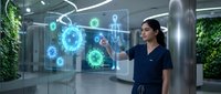 Asian female scientist in medical scrubs interacting with holographic virus display in modern laboratory for healthcare research and medical technology applications.