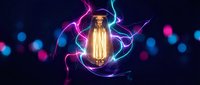 Vintage Edison bulb surrounded by vibrant neon electric lightning effects against dark bokeh background for creative energy concepts.